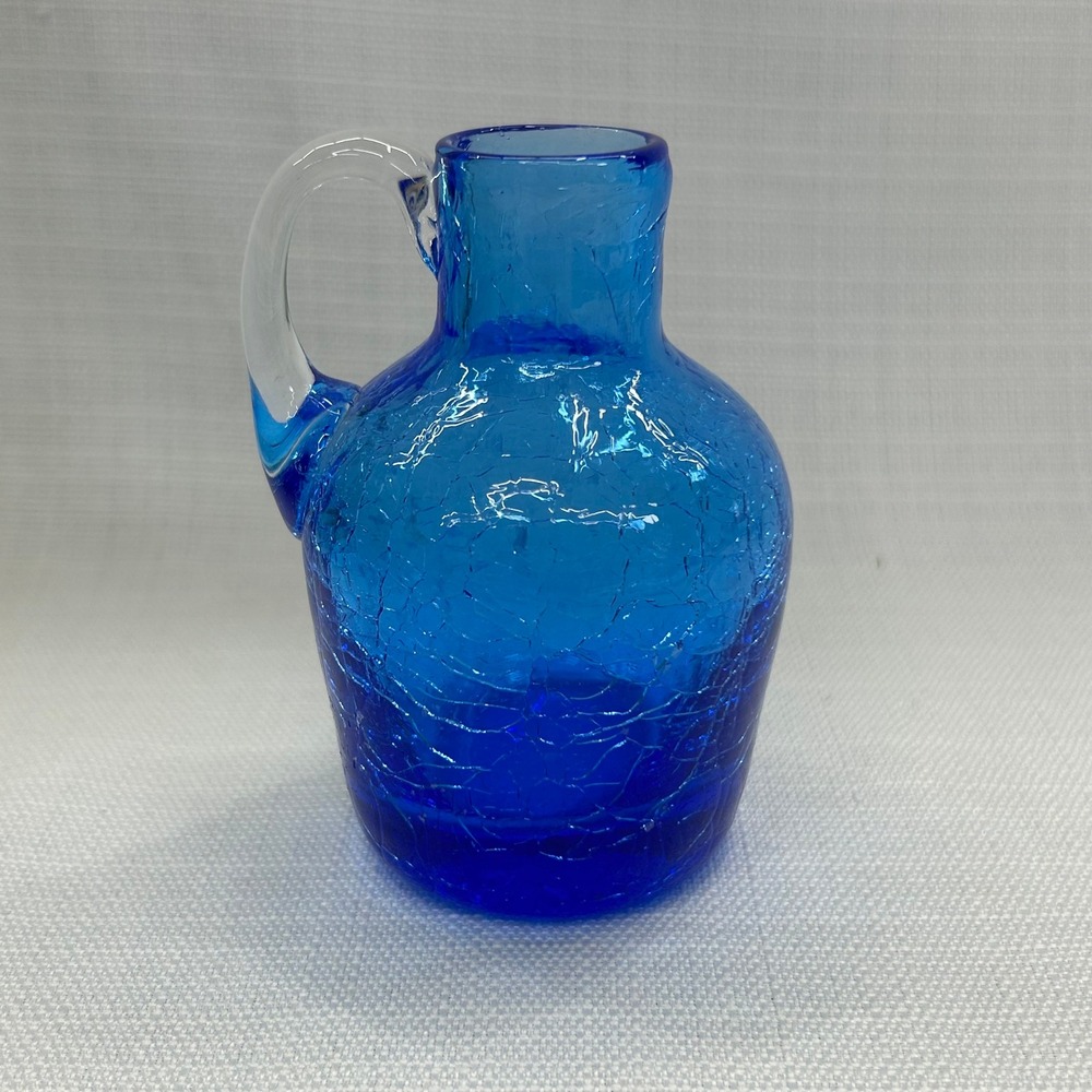 Vintage Cobalt Blue Crackle Glass Miniature Pitcher Jug Clear Applied Handle